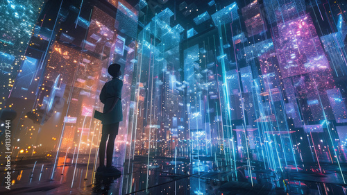 Person Engaged in Virtual Reality  Navigating a World of Digital Data and Futuristic Graphics  Woman Wearing VR Headset  Experiencing a Futuristic Digital World with Advanced Technology
