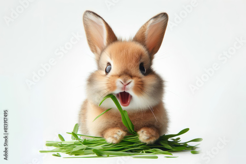 surprised Happy rabbit eats grass isolated on a white background