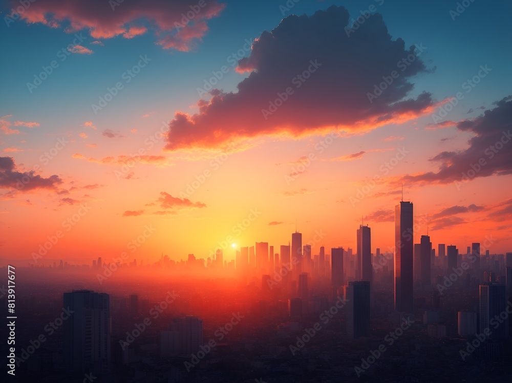 巨大な都市に朝焼け空 巨大な都市に朝焼け空