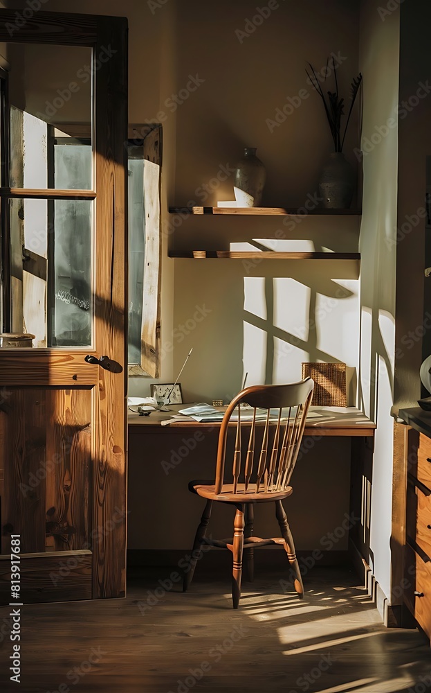 Cozy home office with rustic wood accents, adorned with vase & sunlight. Serene atmosphere. Cinematic 3D render. Cozy home office with rustic wood accents, adorned with vase & sunlight. Serene atmosphere. Cinematic 3D render.