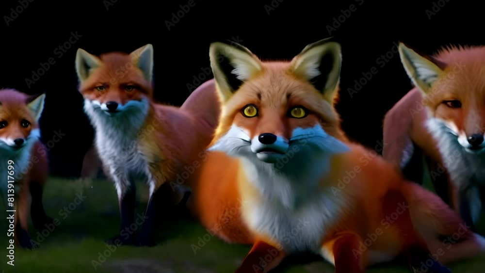 A pack of foxes is watching warily A pack of foxes is watching warily
