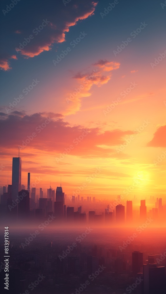 都市に朝日が昇る朝焼け空 都市に朝日が昇る朝焼け空