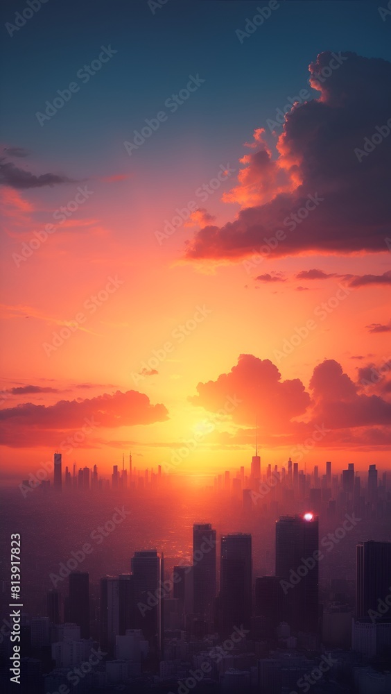 Fototapeta premium 都市に朝日が昇る朝焼け空