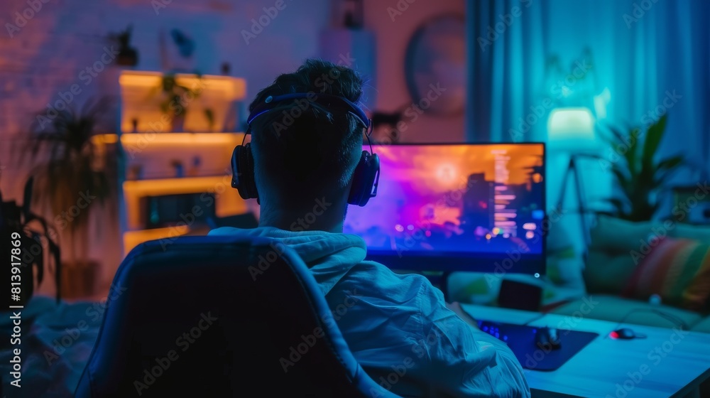 A gaming enthusiast playing an online first-person shooter video game on a powerful personal computer. The room and PC are lit by warm neon LED lights. A gaming enthusiast playing an online first-person shooter video game on a powerful personal computer. The room and PC are lit by warm neon LED lights.
