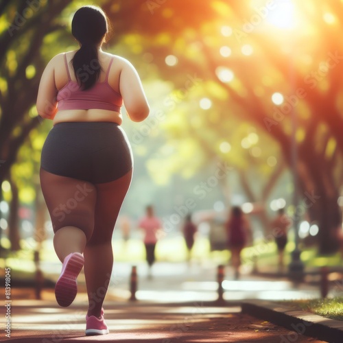 Fat woman Jogging blurred park background