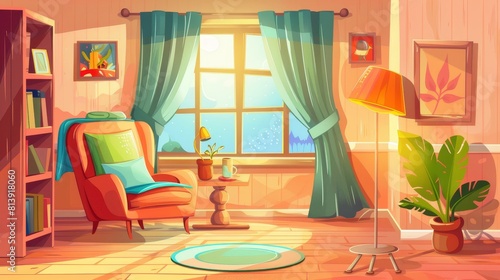 Cartoon modern illustration of a room interior with an armchair and towels on the coffee table with a floor lamp and a potted plant, and books on a shelf. Simple style home with curtained windows,