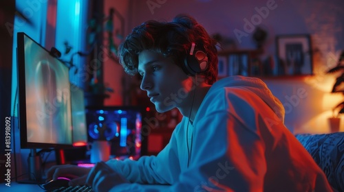 He is playing an online video game on his personal computer. The room and PC are lit by colorful warm neon lights. He is wearing earphones with a microphone. It's a peaceful evening at home.