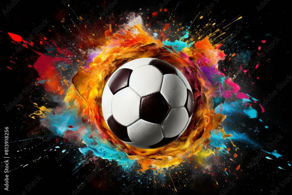 Fototapeta premium Dynamic and fiery explosion of a vibrant soccer ball with a colorful paint splash and abstract burst of energy, creating a dramatic and artistic visual concept