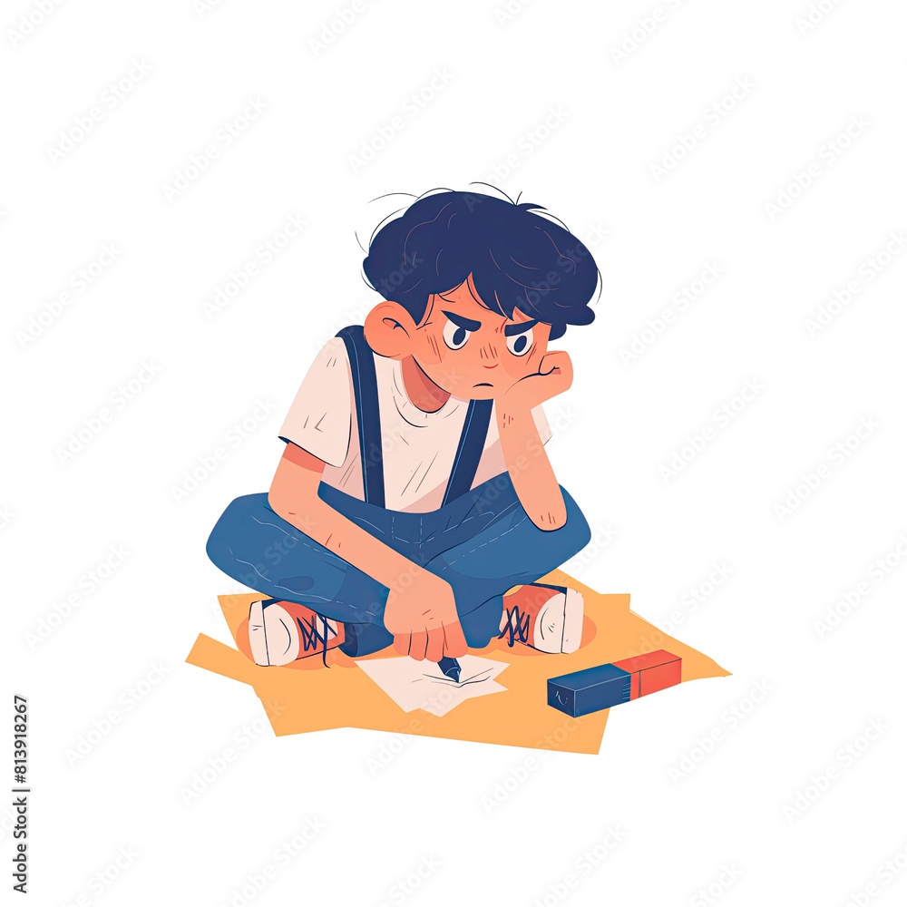 School Boy Sitting With An Eraser, Cartoon Illustration School Boy Sitting With An Eraser, Cartoon Illustration