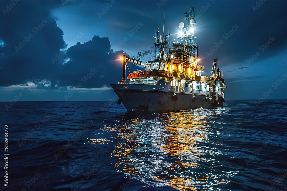 Fototapeta premium Underwater exploration vessel surveys ocean floor for rare minerals amidst deep-sea.