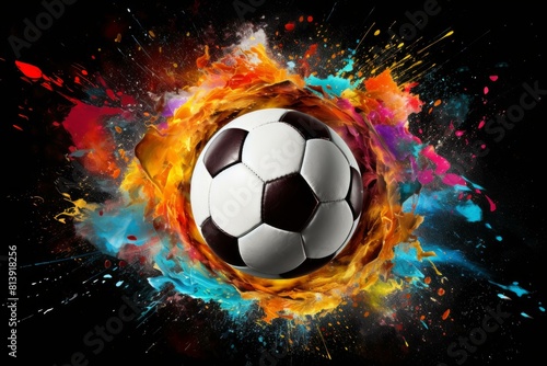 Dynamic and fiery explosion of a vibrant soccer ball with a colorful paint splash and abstract burst of energy, creating a dramatic and artistic visual concept © juliars