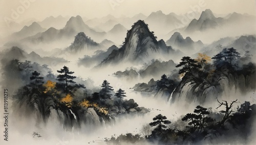 Traditional Japanese ink wash landscape with mountains. Traditional ink painting style gohua, sumi-e, u-sin photo
