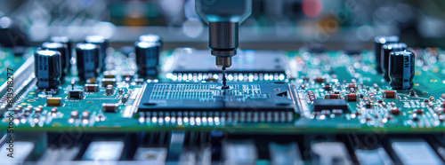 A close-up of a machine soldering a circuit board. The machine is in a factory, and the circuit board is being produced for use in a computer photo