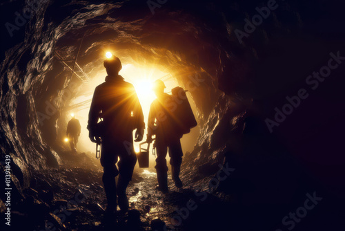 Silhouette of Miners with headlamps entering underground gold mine