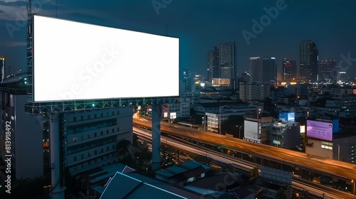 A large blank billboard at night in the middle of a busy city.