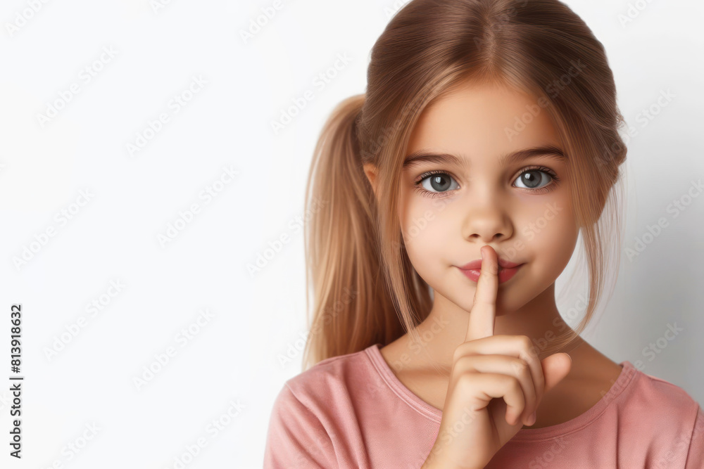 Beautiful Girl showing silence gesture on white background Beautiful Girl showing silence gesture on white background
