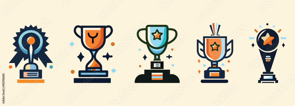 Trophy or Champion Cup flat vector illustration collection or set isolated on a white background. Trophy vector sign Trophy or Champion Cup flat vector illustration collection or set isolated on a white background. Trophy vector sign