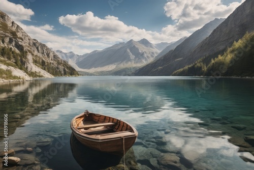 a boat is sitting on the water in a mountain lake