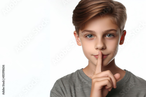 boy showing silence gesture on white background