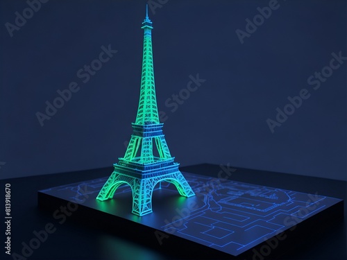 Epic 3D Model of the Eiffel Tower with Holographic Design and Glowing Lights