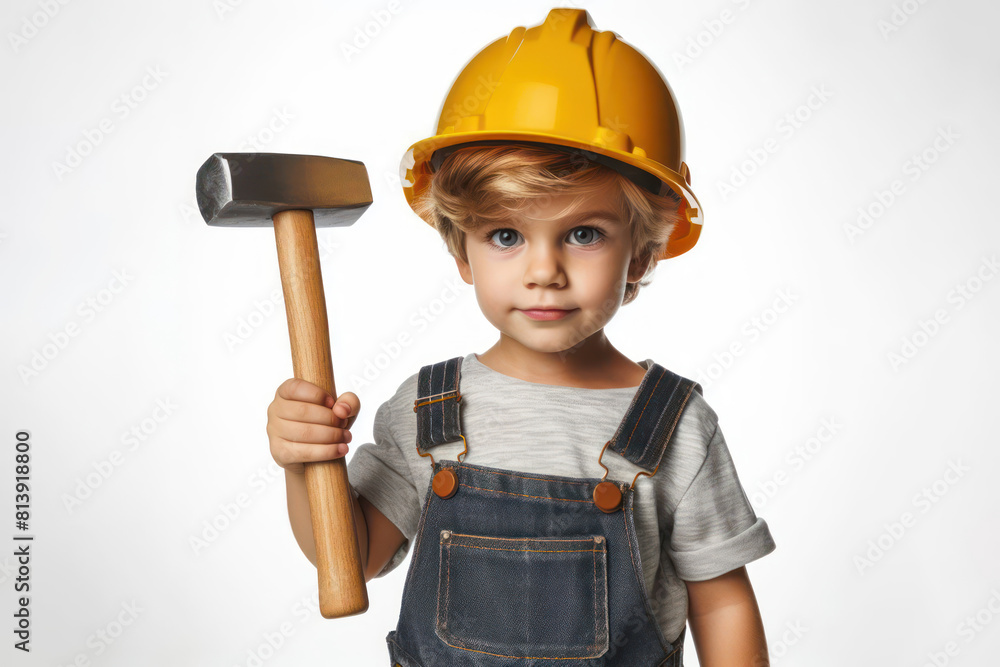Builder kid with a sledgehammer in his hands and a yellow helmet on a white background Builder kid with a sledgehammer in his hands and a yellow helmet on a white background