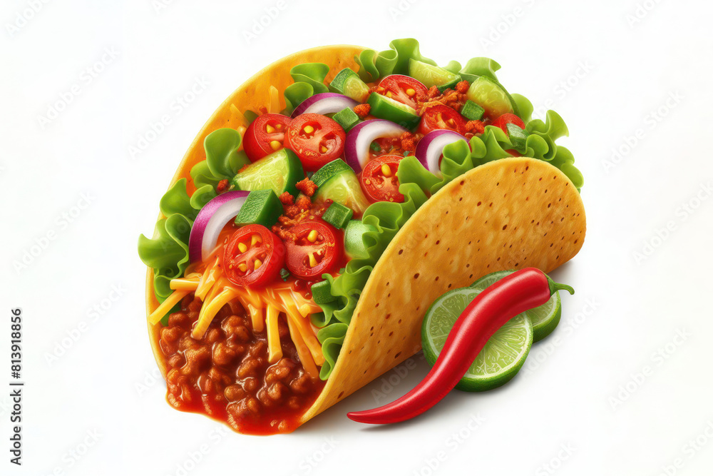 Close-up of a chili taco on a white background Close-up of a chili taco on a white background