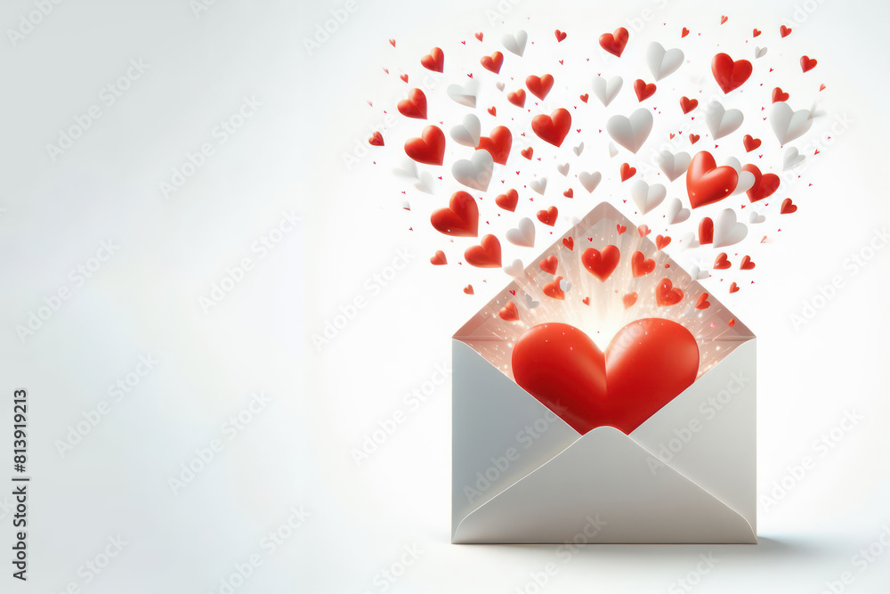 letter opening with red and white hearts flying away isolated on a white background