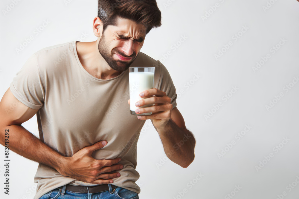 Lactose intolerance and Milk allergy concept. man hold Milk glass and having pain Lactose intolerance and Milk allergy concept. man hold Milk glass and having pain