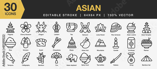Set of 30 Asian icon set. Editable Stroke Icon Collection. Includes pagoda, dragons, lantern, samurai, bamboo and More. Outline icons vector collection.