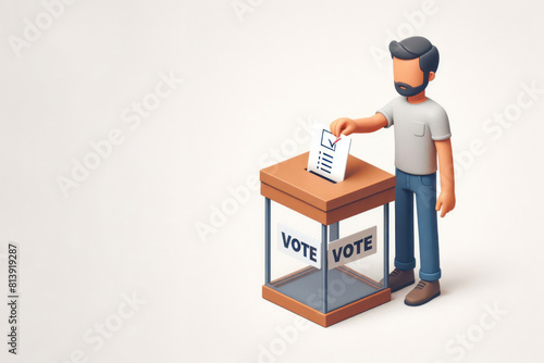 Man voting by inserting a ballot into a box isolated white background