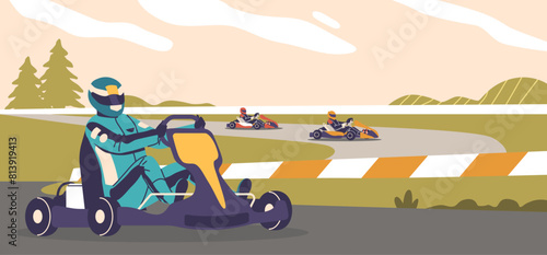 Intense Go-kart Race On Track. Drivers In Full Racing Gear Maneuver Their Karts Around A Sharp Bend With Hills And Trees