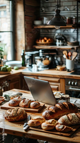 A cozy kitchen with a wooden table, a laptop, and a variety of breads on the table. The breads are arranged in a visually appealing way and the background is blurry