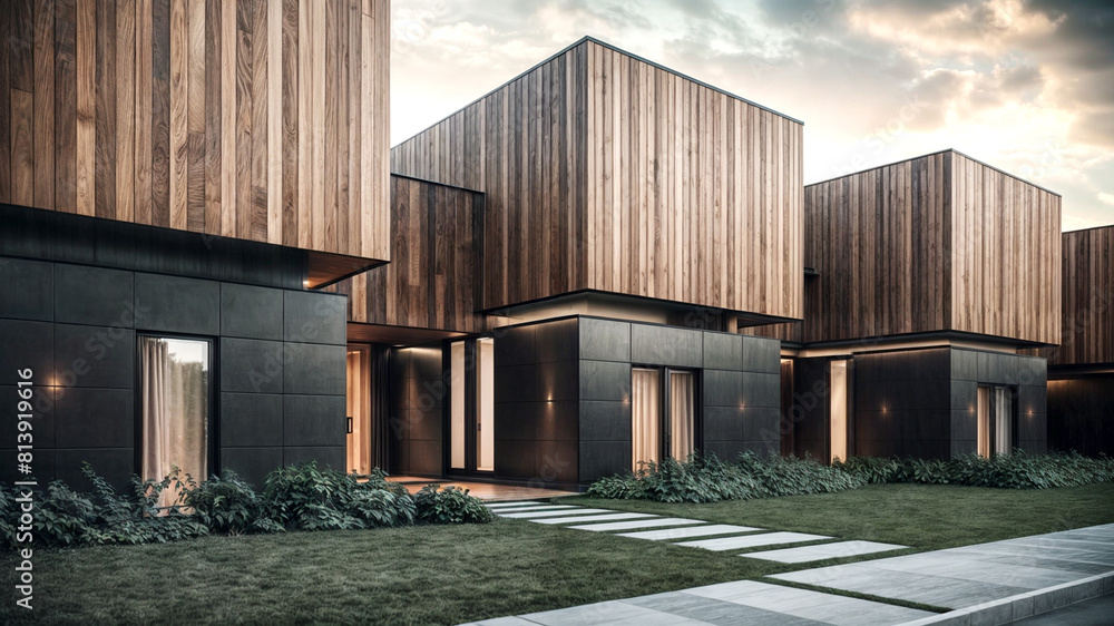 3D render of a modern luxury minimalist villa, showcasing its sleek cubic design with wooden cladding and black panel walls.