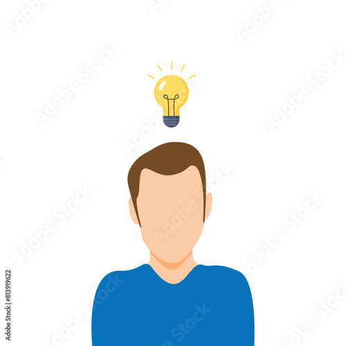 Getting a Sudden Idea With a Lightbulb Above Man's Head. Vector illustration.