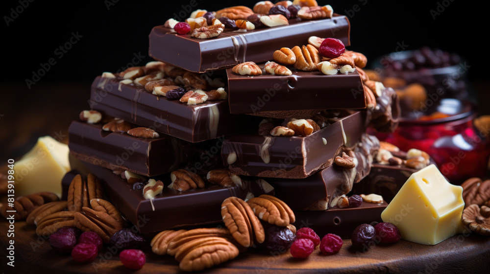 Stack of Milk and Delicious Chocolates And Nuts on Table With Candles on Dark Blurry Background Stack of Milk and Delicious Chocolates And Nuts on Table With Candles on Dark Blurry Background