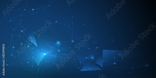 Vector molecule. Abstract internet network connection design for web site. Digital data, communication, science and futuristic concept. Network Connected lines with dots, technology on blue background
