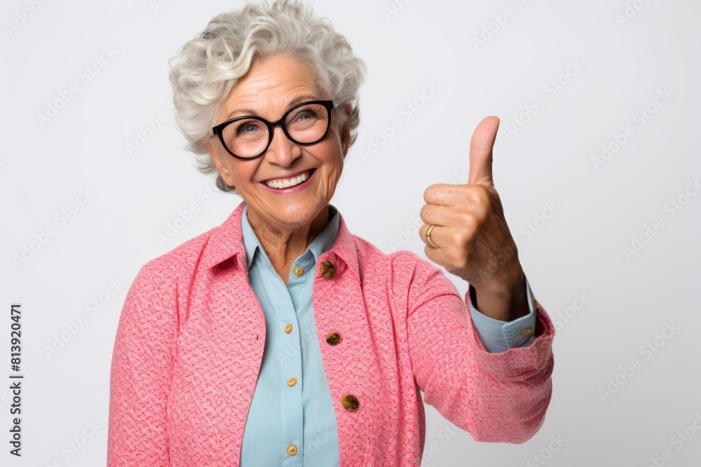 Portrait of a cheerful woman in her 50s showing a thumb up in white background Portrait of a cheerful woman in her 50s showing a thumb up in white background