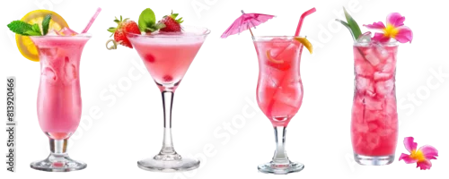 Obraz  z motywem Variety of pink cocktails on transparent background, refreshing summer drinks