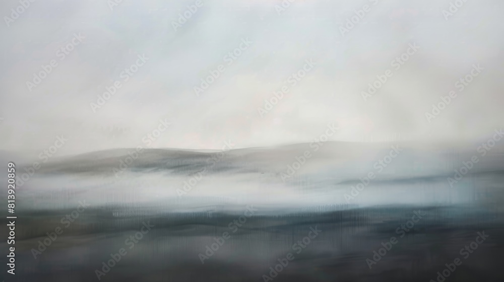 A misty landscape with fog shrouding the mountains and blurring the river into the cloudy sky