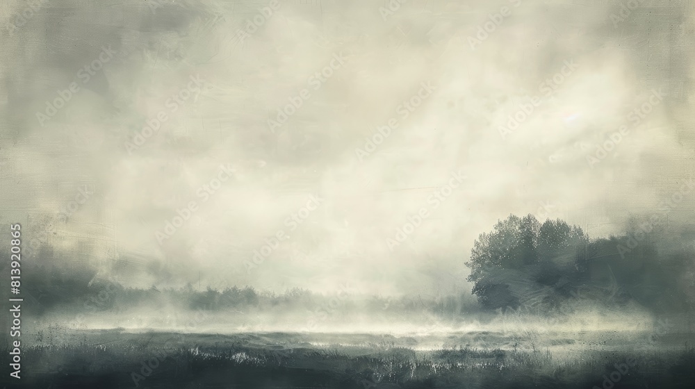 A misty landscape with fog shrouding the mountains and blurring the river into the cloudy sky A misty landscape with fog shrouding the mountains and blurring the river into the cloudy sky