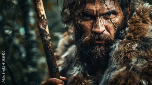 In the prehistoric forest, a primal caveman is wearing animal skin and fur while hunting with a stone-tipped spear. Prehistoric Neanderthal Hunter in the Jungle, ready to throw a spear.
