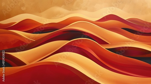 Abstract desert scene with undulating sand dunes and warm tones of red and orange