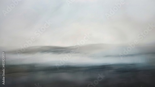 A misty landscape with fog shrouding the mountains and blurring the river into the cloudy sky © fourtakig