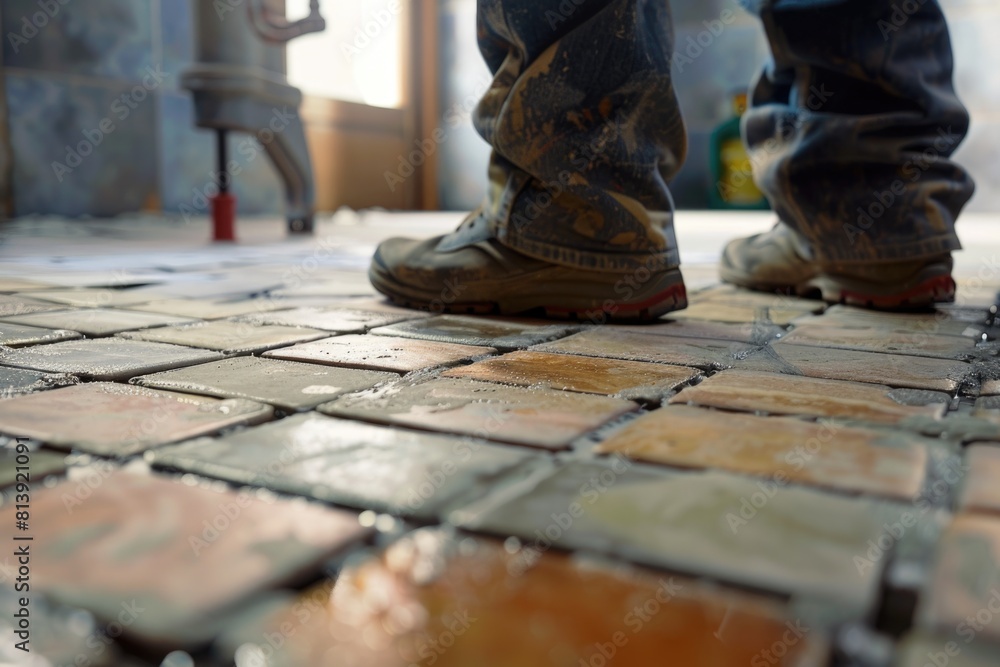 Close up view of a person's feet on a tiled floor, suitable for various concepts and designs Close up view of a person's feet on a tiled floor, suitable for various concepts and designs
