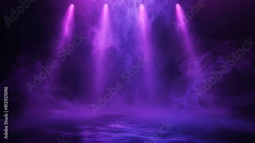 The stage lights have smoke beams on a black background, glowing studio or theater lamp rays, purple illumination for a show presentation, realistic 3D modern.