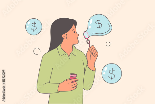 Woman blowing financial bubbles as metaphor for creating money from air or unreliable investments