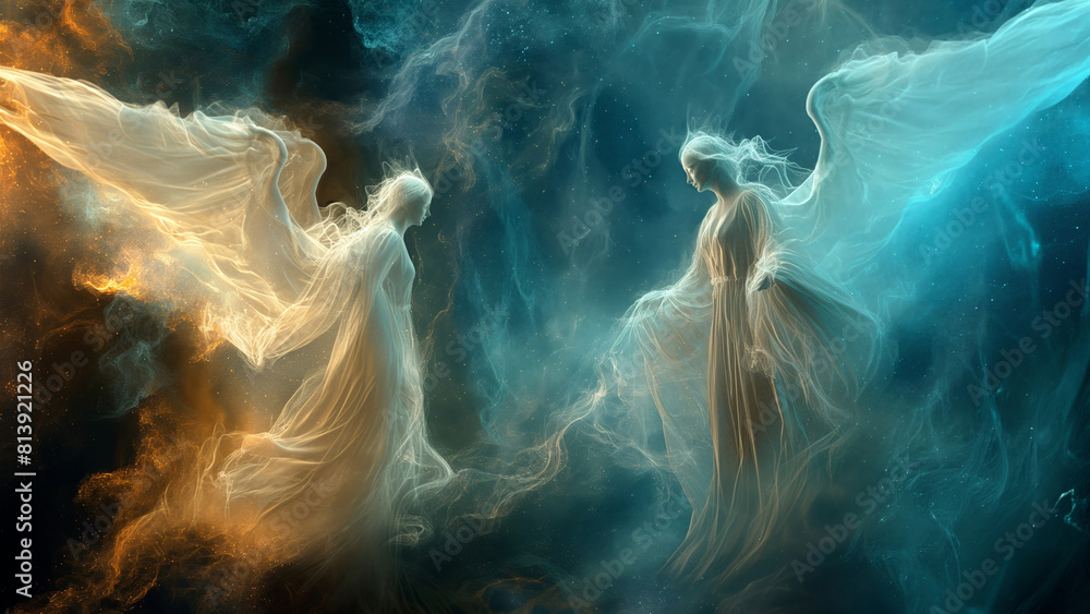 Angels Magnificent Celestial Beings Clad in Flowing Robes, Engulfed in Fiery and Frosty Hues, Floating Mystically in a Cosmic Space 8K Wallpaper High-resolution