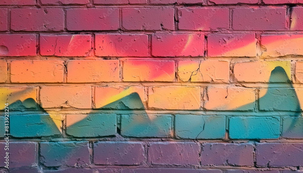 Fototapeta premium Grunge multicolored urban brick wall. Texture of a graffiti-painted wall of a city building. Decor and design. Wallpaper and background.