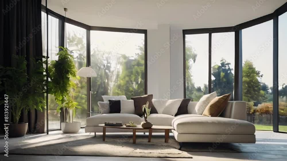 Modern Living Room with Large Windows, White Sofa, and Garden View Modern Living Room with Large Windows, White Sofa, and Garden View