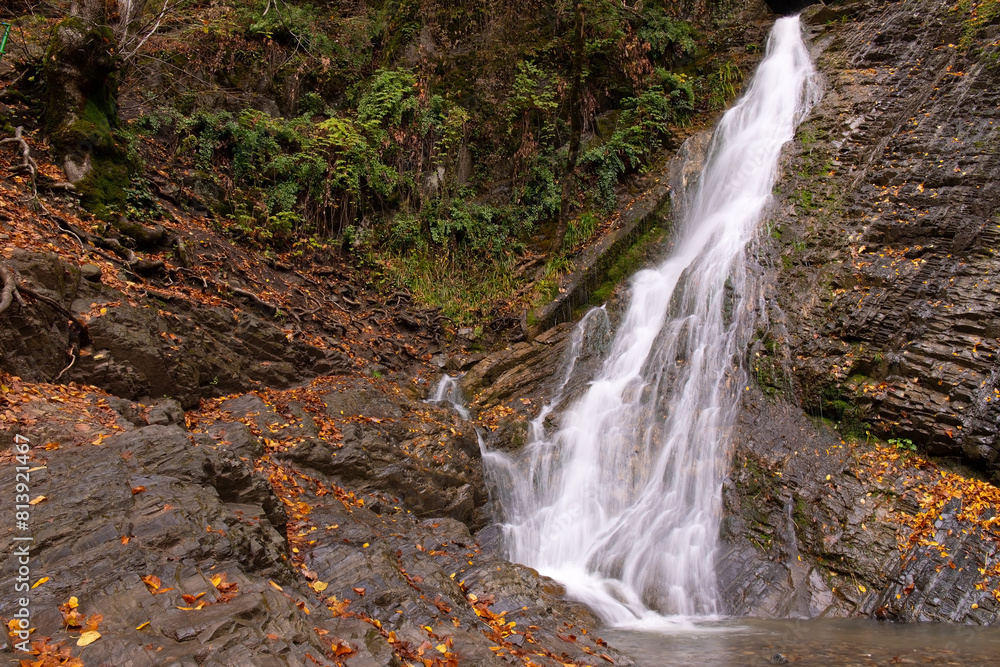 Fototapeta premium Beautiful forest waterfall Seven beauties. Azerbaijan.
